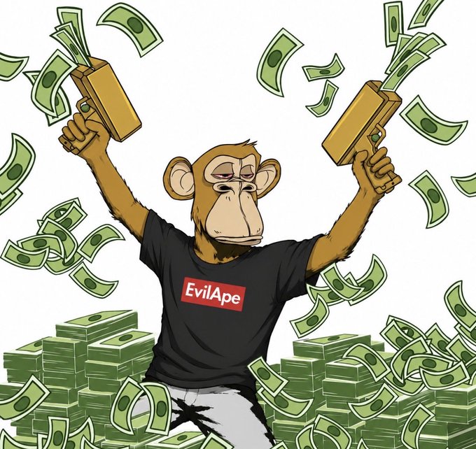 A cartoon monkey wearing a black t-shirt labeled 'EvilApe' holds two money guns spraying dollar bills while sitting atop stacks of cash.