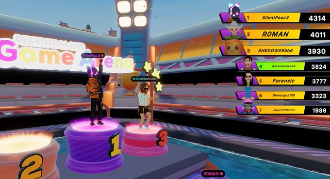 A screenshot from a VR game called 'DECENT PEOPLE Game' showing a podium ceremony with players SilentPeac3 in first (4314 points), ROMAN in second (4011 points), and SHEDOW#95b6 in third (3930 points).