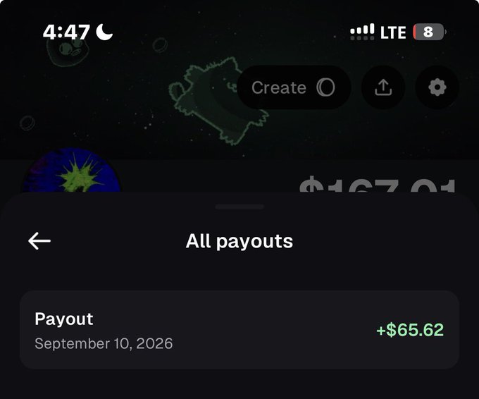 A phone screenshot shows an "All payouts" page displaying a payout of +$65.62 on September 10, 2026, with the time 4:47 visible at the top.