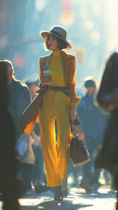 The image features a woman wearing a yellow outfit walking down a street while carrying a coffee cup. She appears to be dressed for an early morning outing or workday, as she has chosen clothing that is appropriate for the time of day. The photo captures her in motion and showcases her style.