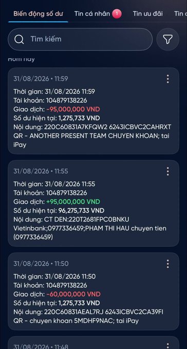 The image shows a Vietnamese banking transaction history (Biến động số dư) on account 104879138226, displaying multiple recent transactions on 31/08/2026 including transfers of -95,000,000 VNĐ, +95,000,000 VNĐ, and -60,000,000 VNĐ related to iPay QR codes and a transfer to PHẠM THỊ HẬU. This bank statement serves as evidence supporting the post's claim of being scammed out of approximately 155 million VND (~$6,000) by a fraudster impersonating the tax authority.