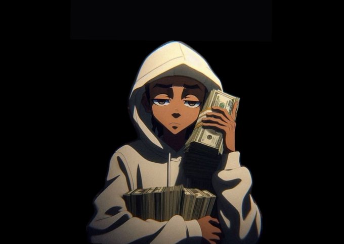 An anime-style illustration shows a hooded figure holding stacks of cash up to their face and bundled in their arms, set against a black background. The image pairs with the "Gm everyone" greeting as a stylized "good morning" flex, where the wads of money symbolize prosperity and hustle to start the day.