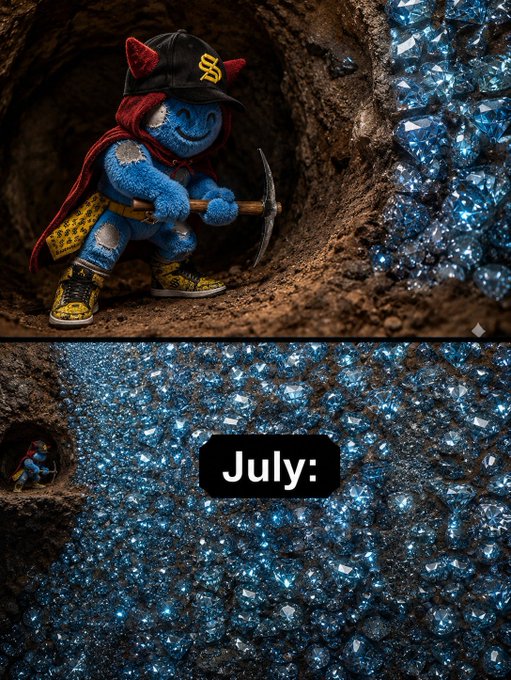 A meme image split into two parts showing the same blue plush character, first mining with a pickaxe in a dirt tunnel, and then emerging to find a vast cavern filled with blue diamonds, labeled 'July:'.