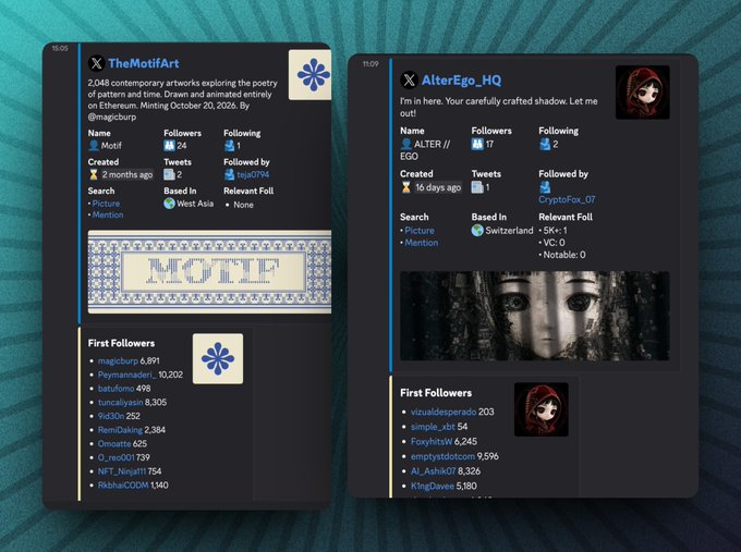 Two Twitter/X profile cards are shown side by side: 'TheMotifArt' with 24 followers and 'AlterEgo_HQ' with 17 followers.