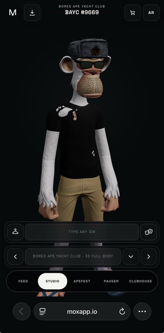A screenshot from a mobile app showing a 3D Bored Ape Yacht Club NFT character (#9669) wearing a t-shirt, glasses, and cap, on the moxapp.io platform.