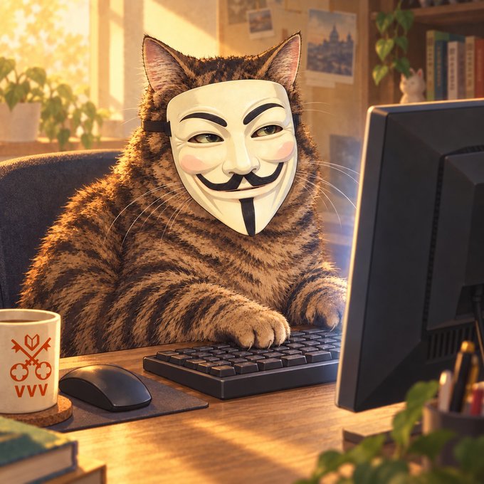 A digital illustration shows a tabby cat wearing a Guy Fawkes mask while sitting at a wooden desk, its paws resting on a black keyboard in front of a computer monitor. A white mug with an orange logo and the text 'VVV' sits on the desk beside a computer mouse.