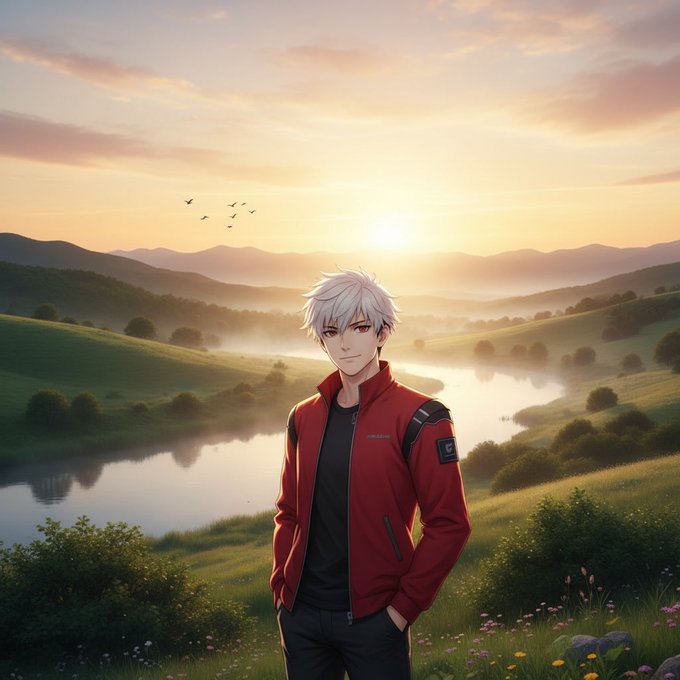 An anime-style character with white hair wearing a red jacket stands in a scenic landscape featuring a lake, rolling hills, and a sunset.
