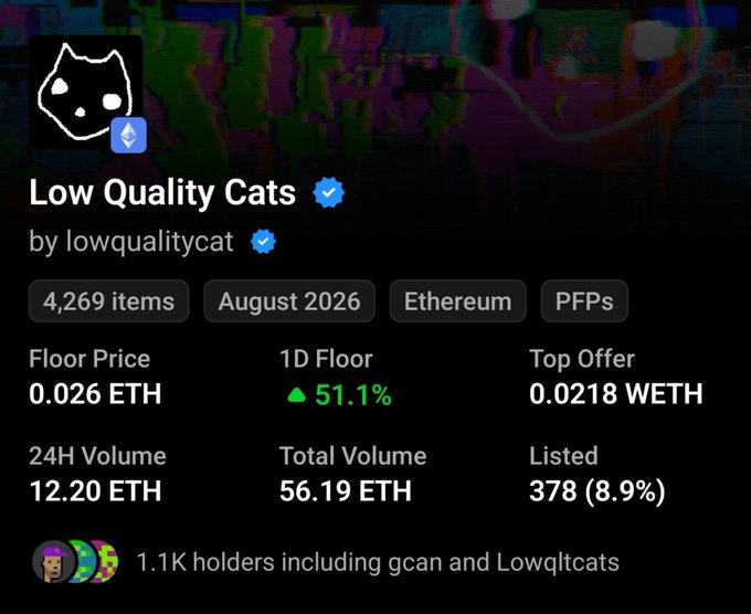 An NFT collection page on OpenSea for 'Low Quality Cats' by lowqualitycat, showing 4,269 items, a floor price of 0.026 ETH, 24H volume of 12.20 ETH, and 1.1K holders.