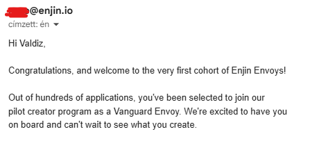 A screenshot of a message from @enjin.io announcing that 'Valdiz' has been selected as a 'Vanguard Envoy' for the first cohort of Enjin Envoys.