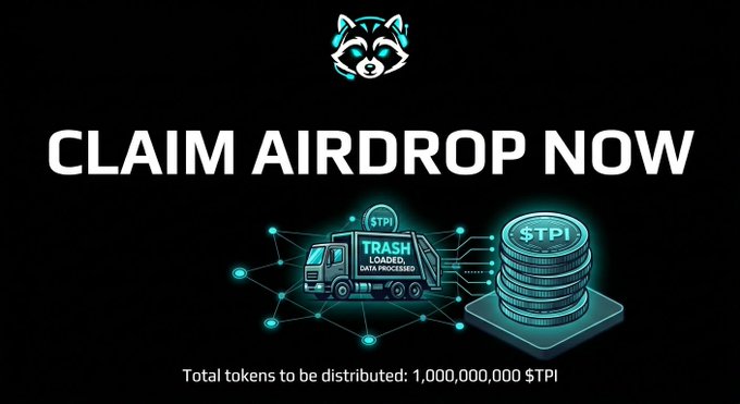 The image features an advertisement for an airdrop service, with a raccoon logo at the top of the image. The text below the raccoon reads "Claim Airdrop Now" and provides information about the service, stating that users can claim their $TPI by dropping coins into a trashpandaintel machine. The raccoon logo is located in the upper left corner of the image.