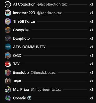 A screenshot of a list of social media accounts including 'AI Collection @aicollection.tez', 'kendtran229', 'The6thForce', 'Cowpoke', 'Danphoto', 'AEW COMMUNITY', 'OGD', 'TAY', 'lineslobo', 'Taya', 'Ms. Price @mspricenfts.tez', and 'Cosmic', each showing a count of 'x1'.