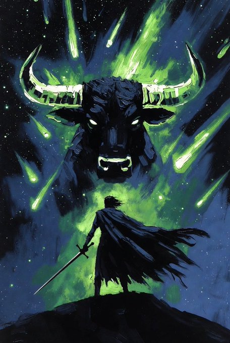 A dramatic fantasy illustration depicting a warrior with a sword and tattered cape standing on a cliff, facing a giant demonic bull-like creature with glowing green eyes and horns, surrounded by falling green meteors in a dark, starry sky.