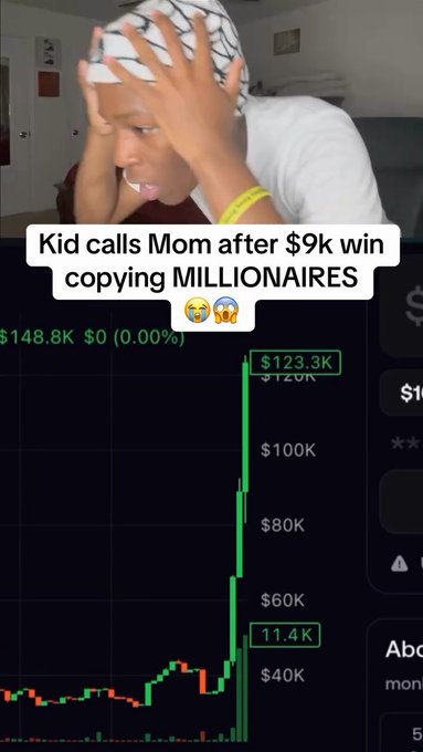 TikTok-style vertical video screenshot showing a shocked person wearing a headwrap with text 'Kid calls Mom after $9k win copying MILLIONAIRES 😭😱' overlaid on a green price chart showing a rise from around $40K to $123.3K.
