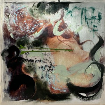 An abstract mixed-media artwork featuring swirling organic forms in earthy browns, muted greens, and deep blacks, with a horizontal green stem-like shape cutting across the composition. The piece appears to be one of the EYELINE works referenced in the post, where the eye-like central motif aligns with the collection's title, though no visible text or numbers appear within the artwork itself.