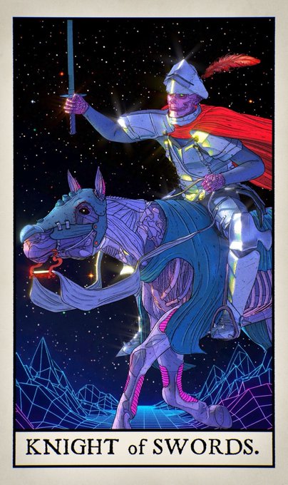 A tarot card titled 'KNIGHT of SWORDS' depicting an armored knight with a red cape riding a horse against a starry cosmic background with a neon grid below.