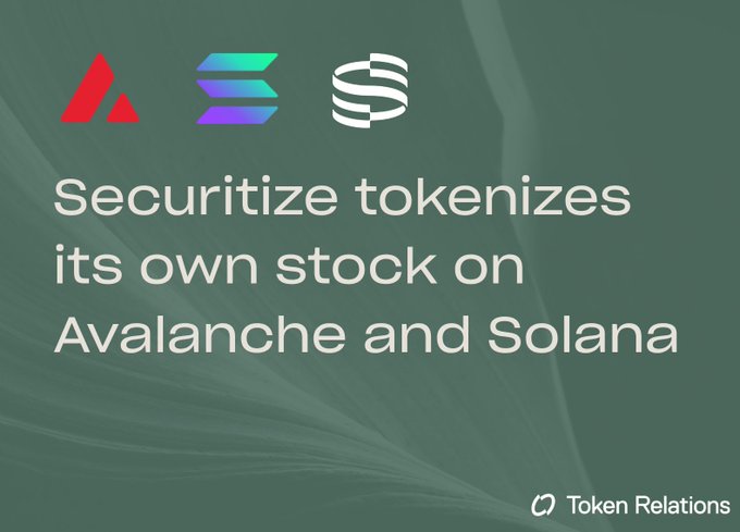 A promotional graphic featuring the logos of Avalanche, Solana, and Securitize, with the headline "Securitize tokenizes its own stock on Avalanche and Solana." The image illustrates the post's announcement of Securitize ($SECZ) bringing approximately $300M onchain, marking the world's largest tokenized stock.