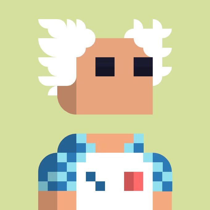 A pixel art character with white hair, black square eyes, and a blue and white shirt standing against a light green background.