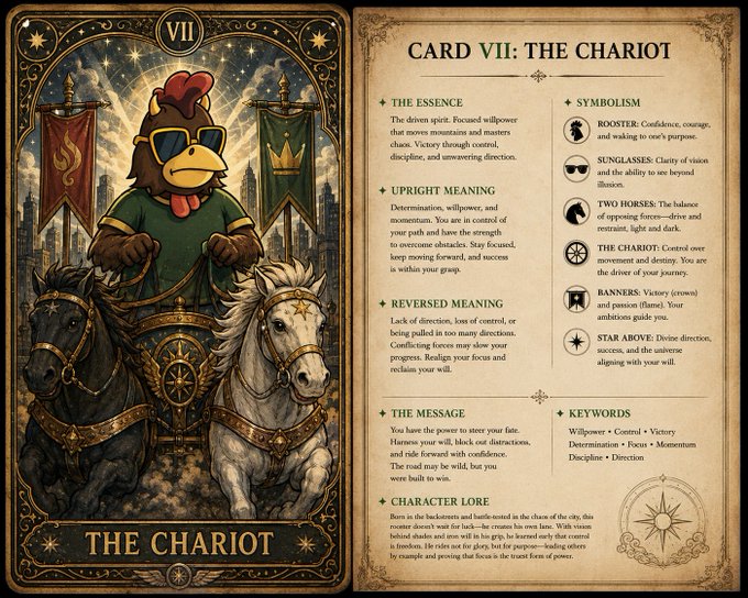 A tarot card titled 'Card VII: The Chariot' features an illustrated rooster wearing sunglasses, riding a chariot pulled by two horses (one black, one white). The card includes sections on Essence, Upright Meaning, Reversed Meaning, Symbolism, Keywords, and Character Lore.