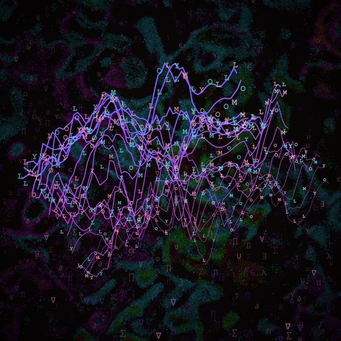 An abstract digital artwork featuring purple and blue lines forming a brain-like shape overlaid with scattered colorful letters on a dark background.