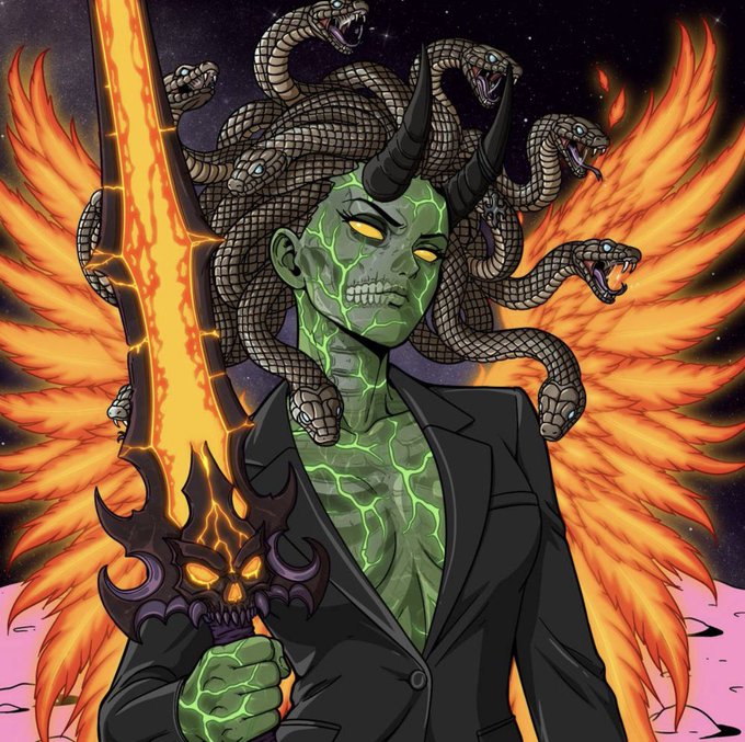 A fantasy illustration depicts a green-skinned demon with glowing yellow eyes, snake hair resembling Medusa, fiery wings, and a flaming sword, holding a dark skull emblem.