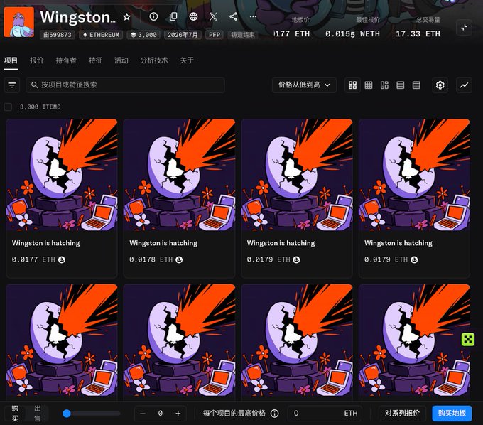 An NFT marketplace interface showing a collection called 'Wingston' with multiple items titled 'Wingston is hatching' priced around 0.0177-0.0179 ETH each.