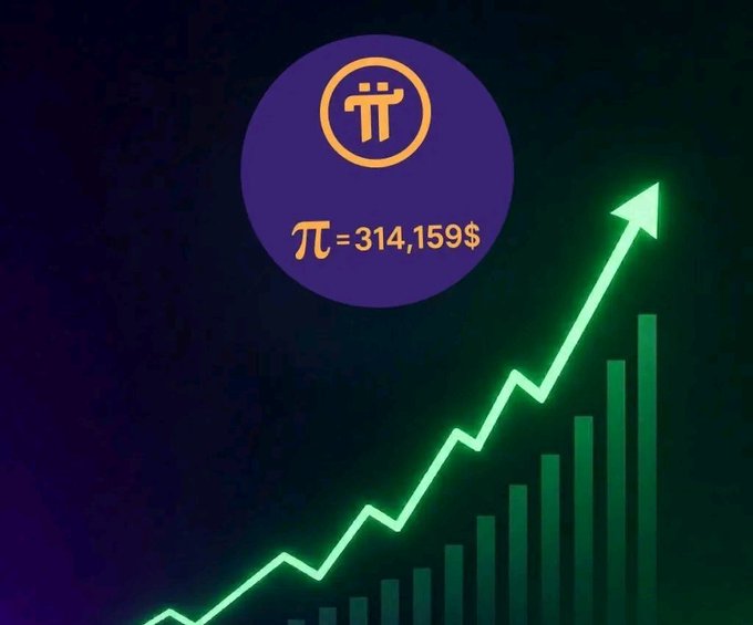 A digital illustration showing the Pi Network logo with text "π = 314,159$" above a green upward-trending graph and bar chart.
