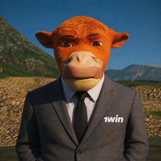 A person wears a surreal orange bull/cow mask and a dark business suit with the word '1win' on the lapel pocket.