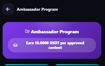 Digital graphic for an 'Ambassador Program' on a purple background with a skull icon, promoting earnings of '10.0000 USDT per approved content'.