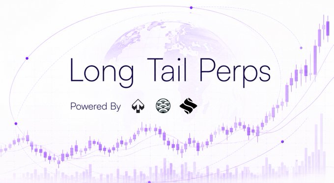 A purple-toned promotional graphic titled "Long Tail Perps" displays a globe, candlestick charts, and trading curves in the background, with the text "Powered By" alongside the logos of Perpsdotfun, Kinetiq, and SEDA, visually highlighting the collaboration behind HIP-3's new long-tail perpetual markets enabled by custom oracle infrastructure.