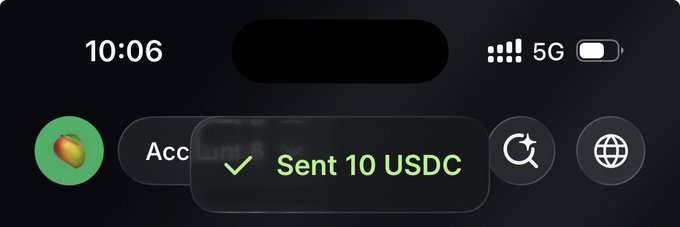 A mobile device's status bar at 10:06 with 5G signal shows a green confirmation notification reading '✓ Sent 10 USDC' over a dark background with app shortcuts.