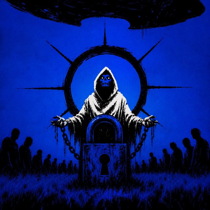 A dark, gothic-style illustration depicting a hooded skeletal figure in white robes with chains, set against a deep blue background with a circular symbol and shadowy figures gathered below.