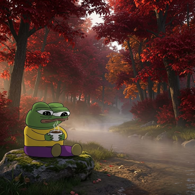 An illustration of the Pepe the Frog meme wearing a yellow sweater and purple pants sits on a mossy rock, sipping tea in a vibrant red-leafed forest.