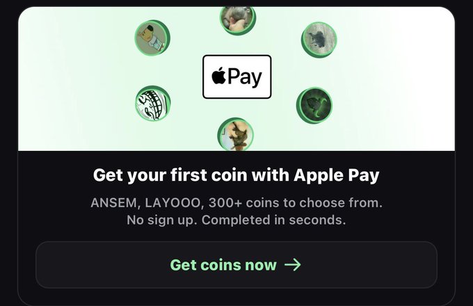 The image shows a promotional advertisement featuring the Apple Pay logo surrounded by various meme coin icons, with text reading "Get your first coin with Apple Pay" mentioning "ANSEM, LAYOOO, 300+ coins to choose from. No sign up. Completed in seconds," along with a green "Get coins now" button. This relates to the post about the LAYOOO coin being spotted on what appears to be a crypto/pump trading app that allows purchasing meme coins using Apple Pay.