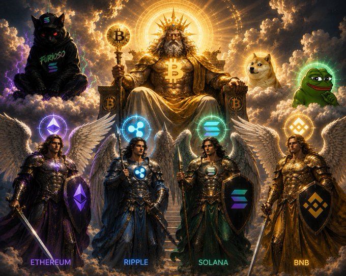 The image features a group of five knights, each with their own unique armor and weapons, standing together under a large sun. The knights are positioned in front of a throne, which is adorned with a golden crown and a banner that displays the words "Bitcoin watches over the realm". In addition to the knights, there are also four dragons visible in the image, adding to the medieval atmosphere. The background of the image is filled with clouds, further enhancing the medieval theme.