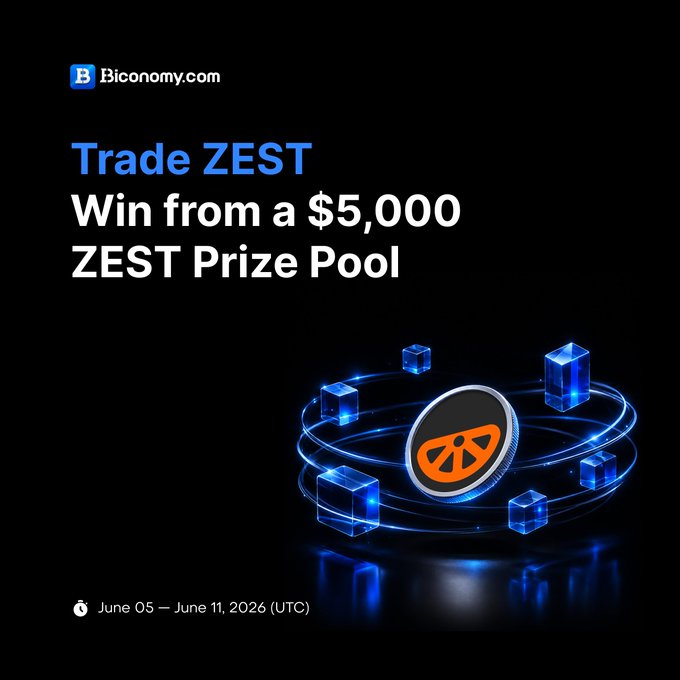 The image features a poster advertising a trade ZEST competition that is taking place from June 11 through June 13, with prizes totaling $5,000. The central focus of the poster is a blue and gold coin placed atop an orange "O". The text on the poster reads "Trade ZEST on Biconomy" and "$ZEST Spot Trading Competition is LIVE! Trade ZEST on Biconomy & compete for a share of $5,000 in prizes— Top 30 all win!" with details that provide more information about the competition.