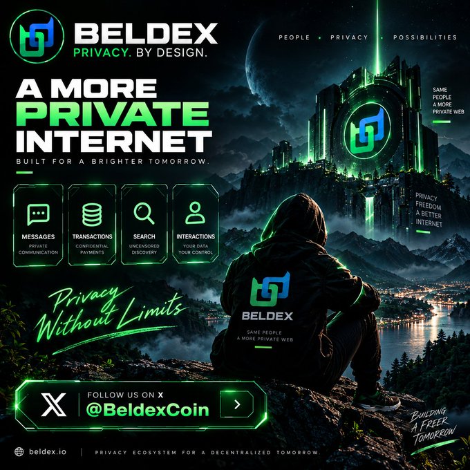 A promotional advertisement for 'BELDEX - PRIVACY. BY DESIGN' with the tagline 'A MORE PRIVATE INTERNET' and 'Privacy Without Limits', featuring a hooded figure overlooking a futuristic green-lit cityscape, with features listed for Messages, Transactions, Search, and Interactions.
