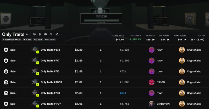 A screenshot of a TofuNFT marketplace listing shows six "Sale" entries for "Only Traits" NFTs priced between $2.61-$2.89, with top offers ranging from #674 to #2,751, five of which are purchased by user "rtvvv" and one by "BenDowerXI", all paying royalties to CryptoKaleo. This visual confirms the post's claim about CryptoKaleo's NFT call, showing recent Only Traits transactions that have generated significant volume (~$30K-$47K range).