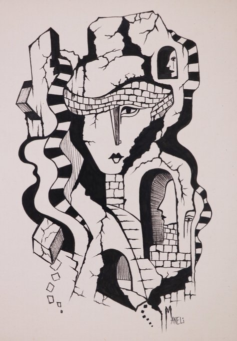 A black and white surreal ink drawing of a stylized female figure merged with crumbling brick architecture, signed 'M. ANGELI' at the bottom.