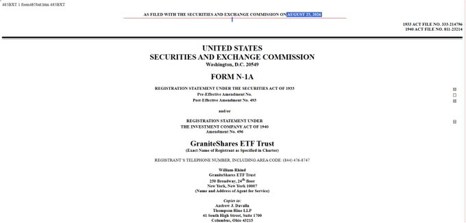 A Form N-1A registration statement filed with the SEC on August 25, 2026 (Form 485BXT, File No. 333-214786/811-23214), serving as Post-Effective Amendment No. 107 for the GraniteShares ETF Trust (CIK 0001657252), delaying the Pre-Effective Amendment effectiveness to September 30, 2026—reflecting GraniteShares' pushback of its 3x leveraged long/short crypto ETF suite covering Bitcoin, Ether, Solana, and XRP.