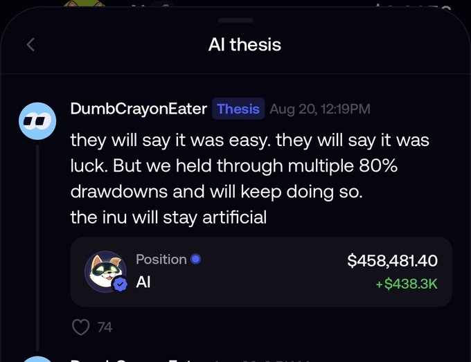 A screenshot of a social media post by user "DumbCrayonEater" tagged as "Thesis" dated Aug 20 at 12:19PM, showing a message about holding through 80% drawdowns with a position labeled "AI" valued at $458,481.40 with a +$438.3K gain, reflecting the post's theme of profitable fair launch holdings despite market volatility.