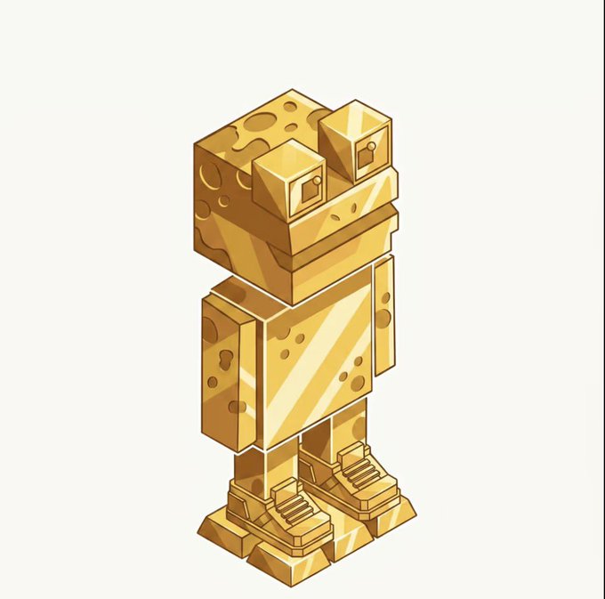 An illustration of a blocky, cheese-textured robot character with striped arms and sneakers.
