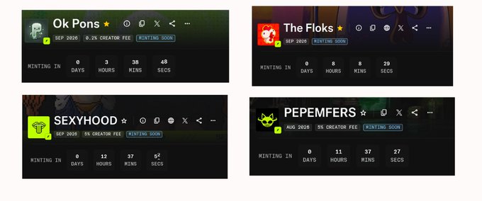 Four NFT collection preview panels for 'Ok Pons,' 'The Floks,' 'SEXYHOOD,' and 'PEPEMFERS,' each showing 'MINTING SOON' status with countdown timers and 5% creator fees.