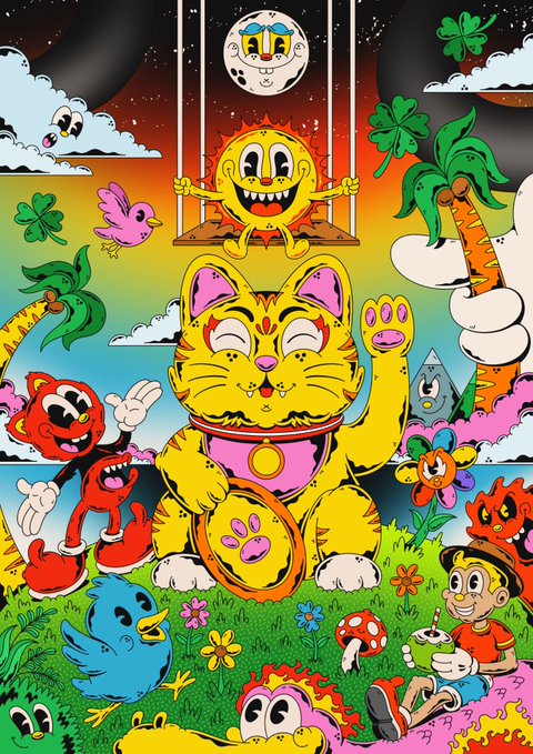 A vibrant, surreal pop-art illustration featuring a large central yellow lucky cat (maneki-neko) on a swing, surrounded by a rainbow sky, cartoon monsters, palm trees, mushrooms, and a smiling boy drinking soda.