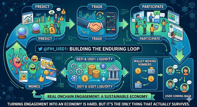 The image depicts a colorful, cartoon-style infographic illustrating the concept of the Financing Loop in cryptocurrency trading. The graphic features various elements such as people interacting with digital symbols representing different aspects of the loop - trade, participation, and user engagement on a timeline. 

There is text within the infographic that provides an explanation or description of the Financing Loop. It also references a post about @FIH_USD1 in a humorous manner, possibly referencing the currency being used for this particular trading system. The overall presentation is visually engaging, making it easy to understand and follow along with the concepts depicted.