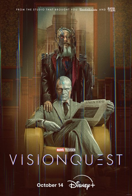 A promotional poster for the Marvel Television series 'VisionQuest' on Disney+, showing two versions of the Vision character and text 'FROM THE STUDIO THAT BROUGHT YOU WandaVision AND Agatha All Along', premiering October 14.