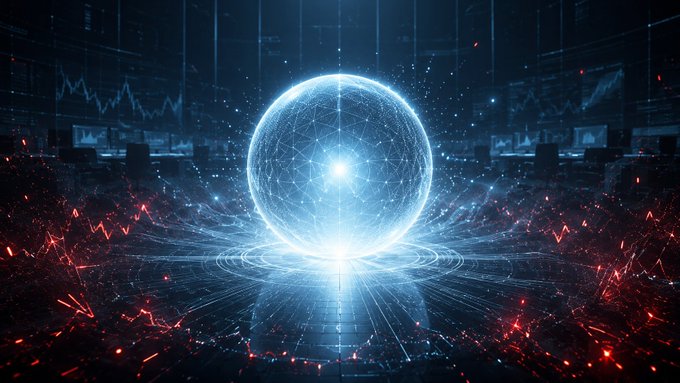 A futuristic digital artwork featuring a glowing blue wireframe sphere or energy core surrounded by rising red line charts, set in a high-tech data environment.