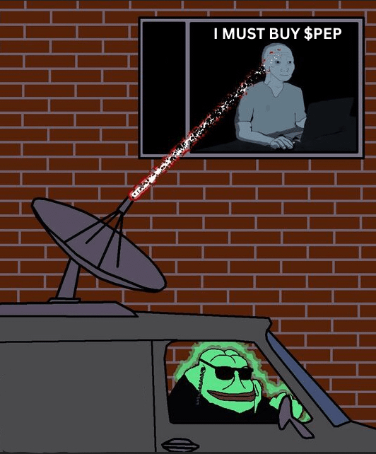 The image features a cartoon character, possibly a frog or a green monster, driving a car with sunglasses on his head. The character appears to be wearing a top hat and holding a microphone while driving through a brick building. In the background of the image, there is a window that has a red laser beam coming out of it, which seems to be emitting a red light. The caption at the bottom of the image suggests that this scene might be related to a post about a new law or regulation called "PEP", and that everyone should buy it soon.