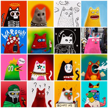 A 4x4 grid collage of colorful, cartoonish monster and cat illustrations with playful text like "WARGH!!" and "DON'T ME." The vibrant, art-forward image likely serves as the creator's NFT artwork showcase tied to the Drip/Hive community tip of 10,000 droplets to @Luk4NFT.