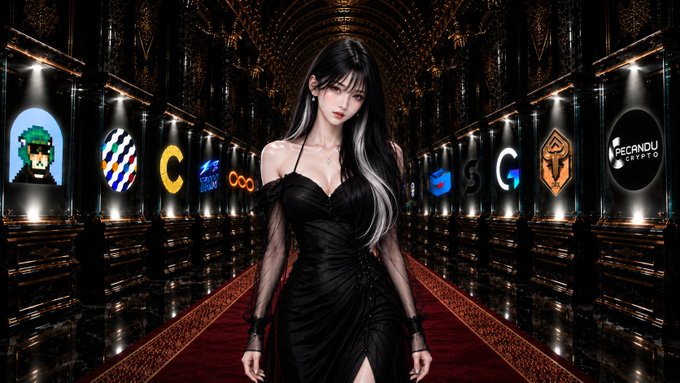 An anime-style illustration of a woman with long black hair in a black dress walking on a red carpet, with cryptocurrency logos including C, COO, PEPE, and 'PECANDU CRYPTO' displayed on the walls.