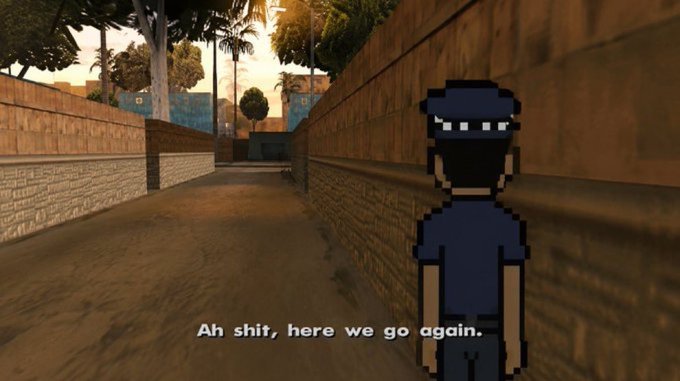 A pixelated animated character in dark blue uniform stands in a GTA-style alleyway with the caption 'Ah shit, here we go again.'